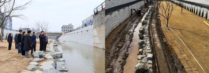 지난해 12월 신대천을 방문한 노관규 순천시장좌과 3월 다시 파헤쳐진 신대천 모습