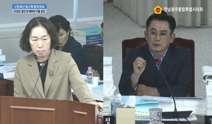 16일 열린 전남광주시의회 시청예산결산특위에서 김영진 의원이 윤연화 국장에게 질의하고 있다  사진전남광주시의회